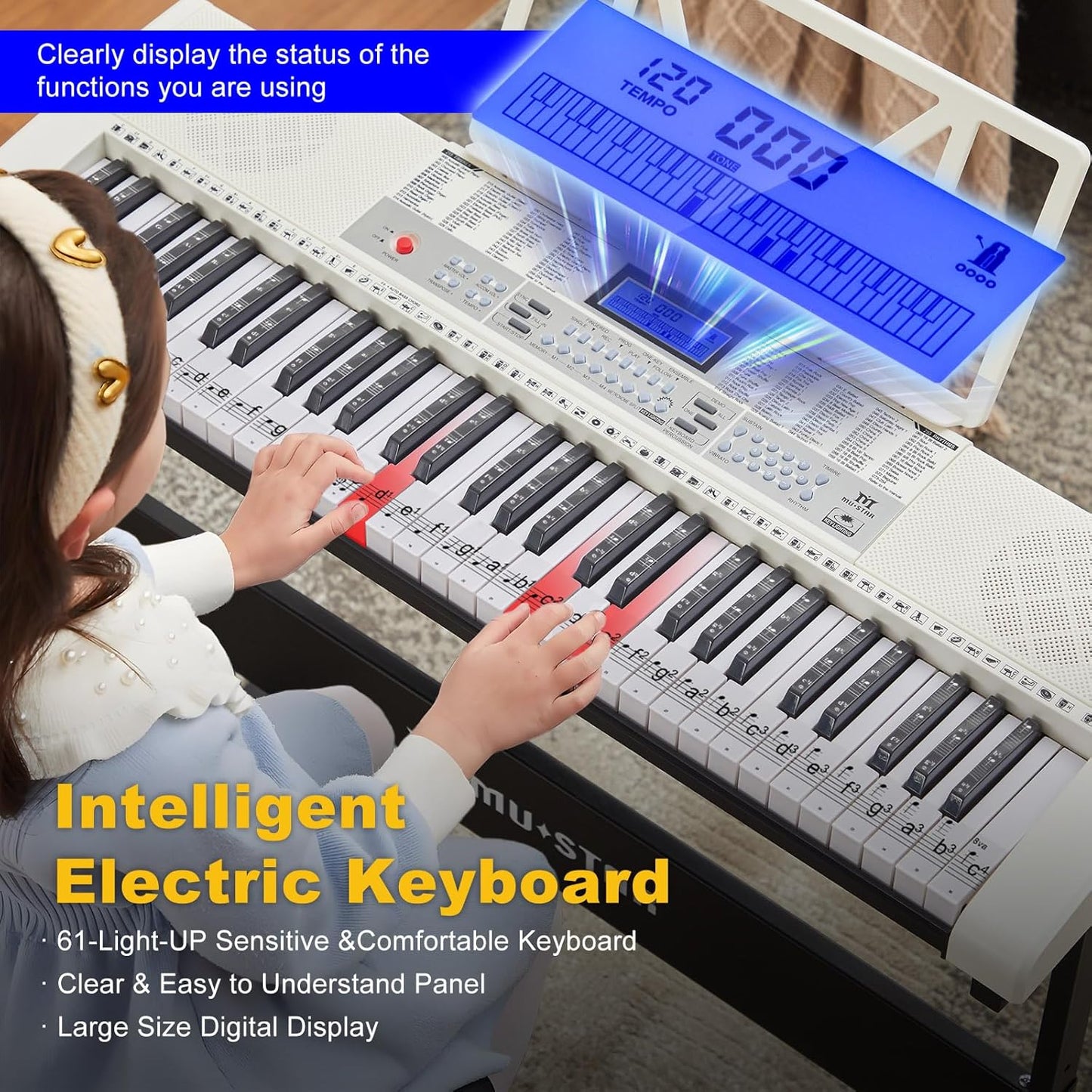 61 Key Piano Keyboard, Electric Keyboard Piano with Light-Up Keys, 255 Tones/Rhythms, Smart Learning System, Headphone, Microphone, Keyboard Stand, Stool, Stickers, Piano Keyboard Set for Beginners