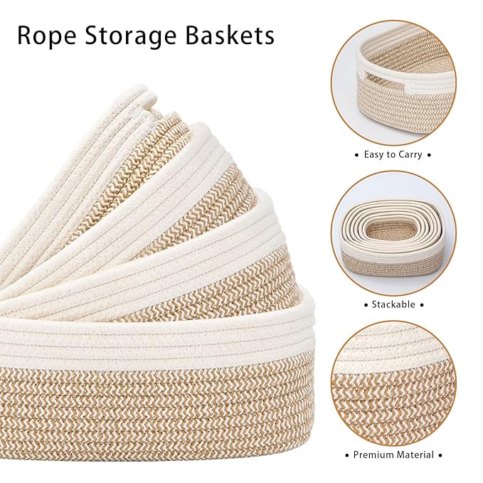 7 Piece Cotton Rope Woven Basket Set - Small Basket for Baby Nursery, Pets, Montessori, Dog & Cat Toy Boxes, Bathroom Organization Bins (White/Brown)