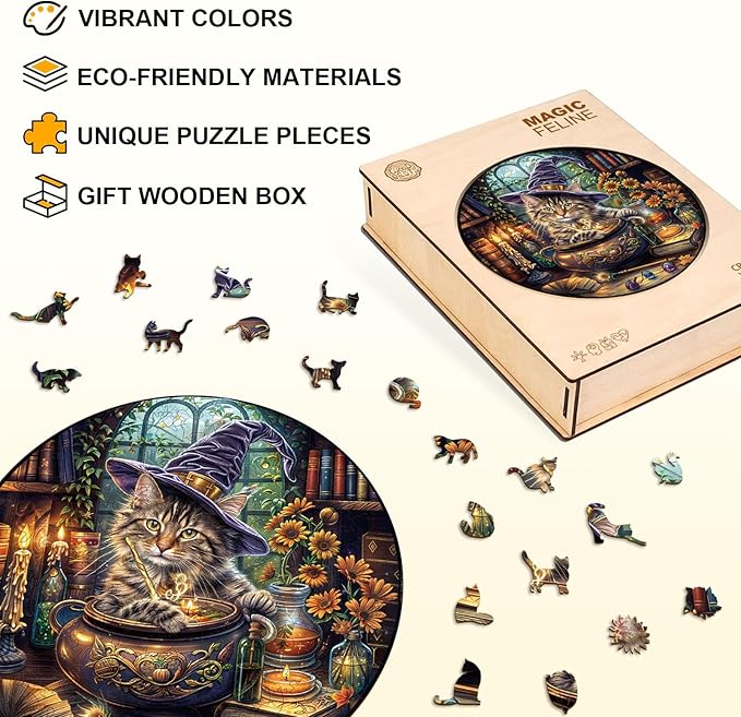 KAAYEE Wooden Puzzles for Adults, Magic Feline Cat Wooden Jigsaw Puzzle 450 PCS Unique Shape Wood Puzzle Adult, 3D Effect Flat Puzzle Birthday Family Game (XL-17.3 * 17.3in)