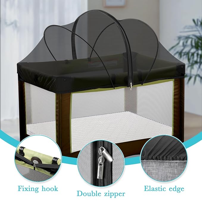 Pack N Play Tent Cover - Bassinet Cover for Pack N Play/Travel Crib/Mini Crib/Playpen, Bassinet Mosquito Net Cover with Two-Way Zippers (Black-Large)