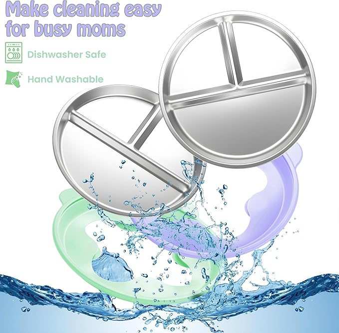 Stainless Steel Kids Plate with Suction 4 Pack, 9″ Toddler Divided Plates with Removable Non Slip Silicone Sleeves, BPA Free Baby Snack Dishes, Mint Green, Wisteria, Coral pink, Glaucous