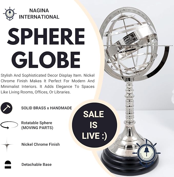 Nagina International Antique Vintage Zodiac Armillary Brass Sphere Globe Wooden Display | Pirate's Antique Ship Decor (XL, Nickel Plated)