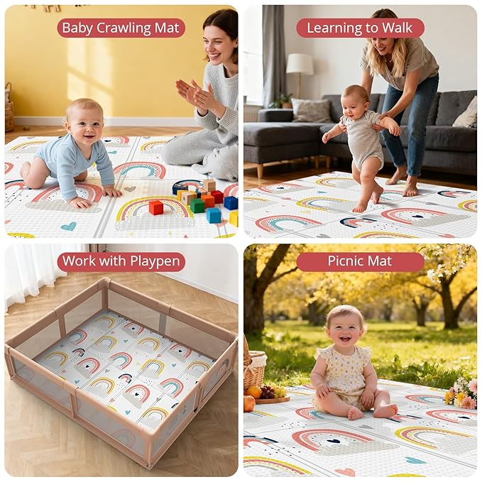 71x59 Foldable Foam Baby Play Mat for Floor, Babies Activity Tummy Time Playmat, Kids Non Toxic Foam Thick Play Mat for Baby, Toddlers, Waterproof & Anti-slip Crawling Mats