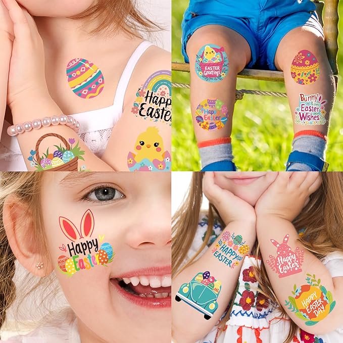 117 PCS Easter Temporary Tattoos, Rabbit Colored Egg Chicks Carrot Water Transfer Stickers for Kids Boys and Girls Birthday Party Favors, Children Easter Basket Stuffers