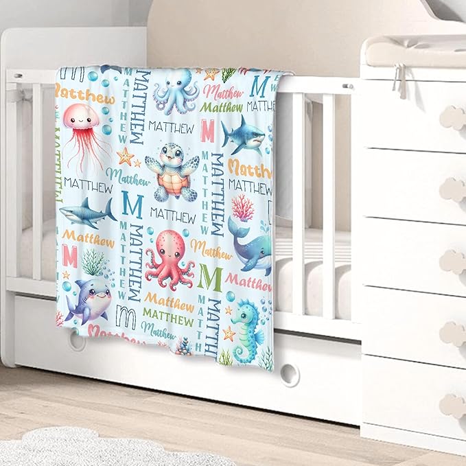 Personalized Baby Blanket for Girls Boys Kids Turtle Sea Animals Custom Baby Blanket with Name Throw Birthday Gift for Toddlers Infants Shower Newborns Nursery Stroller Crib Bed Decor