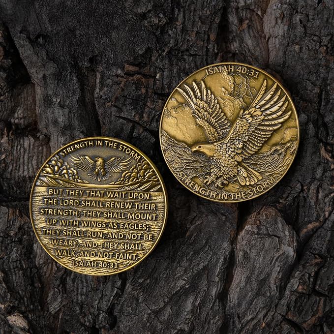 1.57 Inch Zinc Alloy Double-Sided 3D Eagle Challenge Coin - Inspirational Design with Isaiah 40:31 Engraving, Strength in The Storm Theme