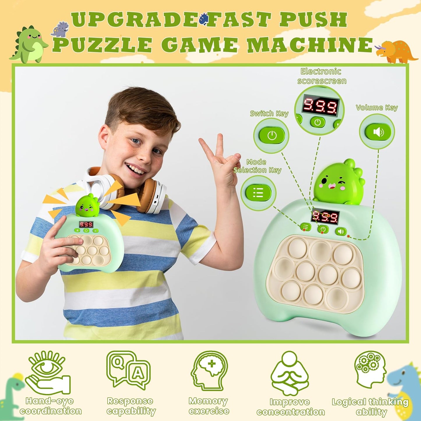 Upgraded Fast Quick Game Pop Bubble Up Toys for Kids, Funny Toys with LED Screen for Kids 3-12 for Boys and Girls Bubble Stress,Handheld Puzzle Game Sensory Toys(Batteries Included)(Dinosaur)