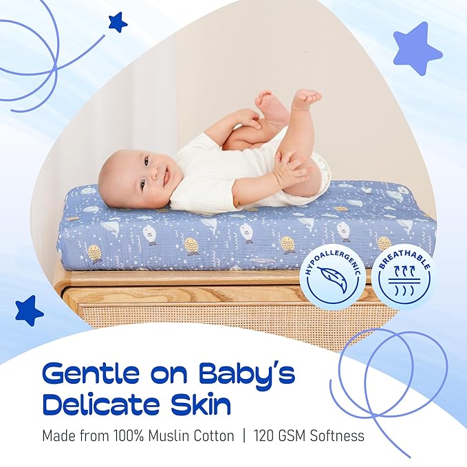 100% Muslin Changing Pad Cover Ultra Soft, Breathable, Secure Fit, Fade-Resistant Prints for Boys and Girls (Pack 2)