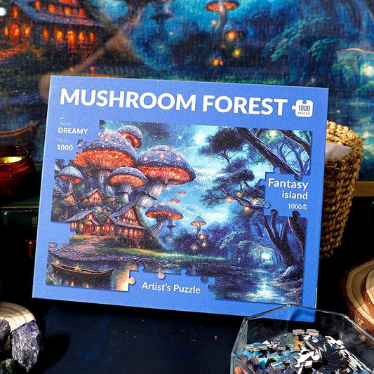 1000 Piece Fantasy Mushroom Forest Sparkling Jigsaw Puzzle for Adults – Glowing Fairy Houses, Enchanted Woods & Magical Waterfall – Dreamlike Whimsical Landscape Puzzle Gift