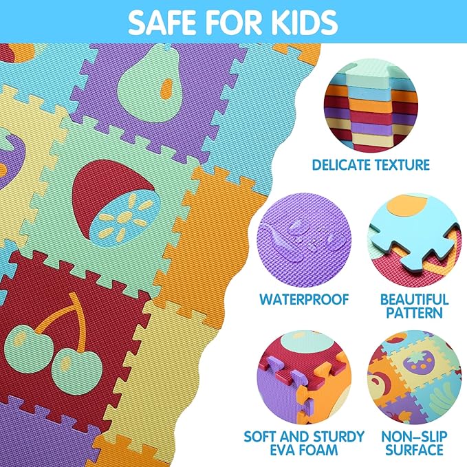 Foam Play Mat for Kids，25Pcs Square Interlocking Puzzle Floor Mat，Baby Play Mat Floor Mat Foam Puzzle Playmat for Toddlers with Fence（Fruit-CSH008