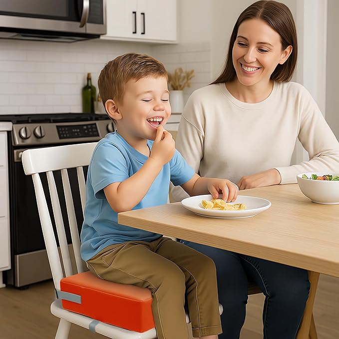 Toddler Booster Seat for Dining Table, 2 Elastic Seat Belts, Anti Scratch PU Skin-Friendly, Waterproof, Anti-Wrinkle, Detachable Non-Slip Bottom - Tangerine