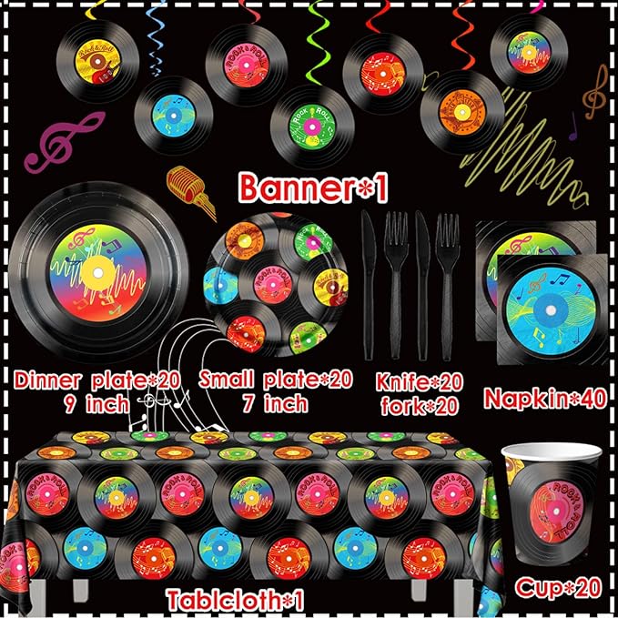 142Pcs Record Theme Tableware Set, 50's Party Decorations Record Paper Plates and Napkins, Cups, Tablecloth, Hanging Swirls Record Banner for 1950's Rock Music Party Supplies