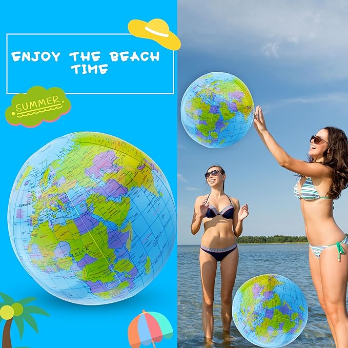 12 Pack 16 inches Inflatable Globe Blow up World Globe PVC Earth Beach Ball Globe for Kids Party Bags Swimming Pool Game Geography Classroom Playing or Teaching Party Favors Decorations