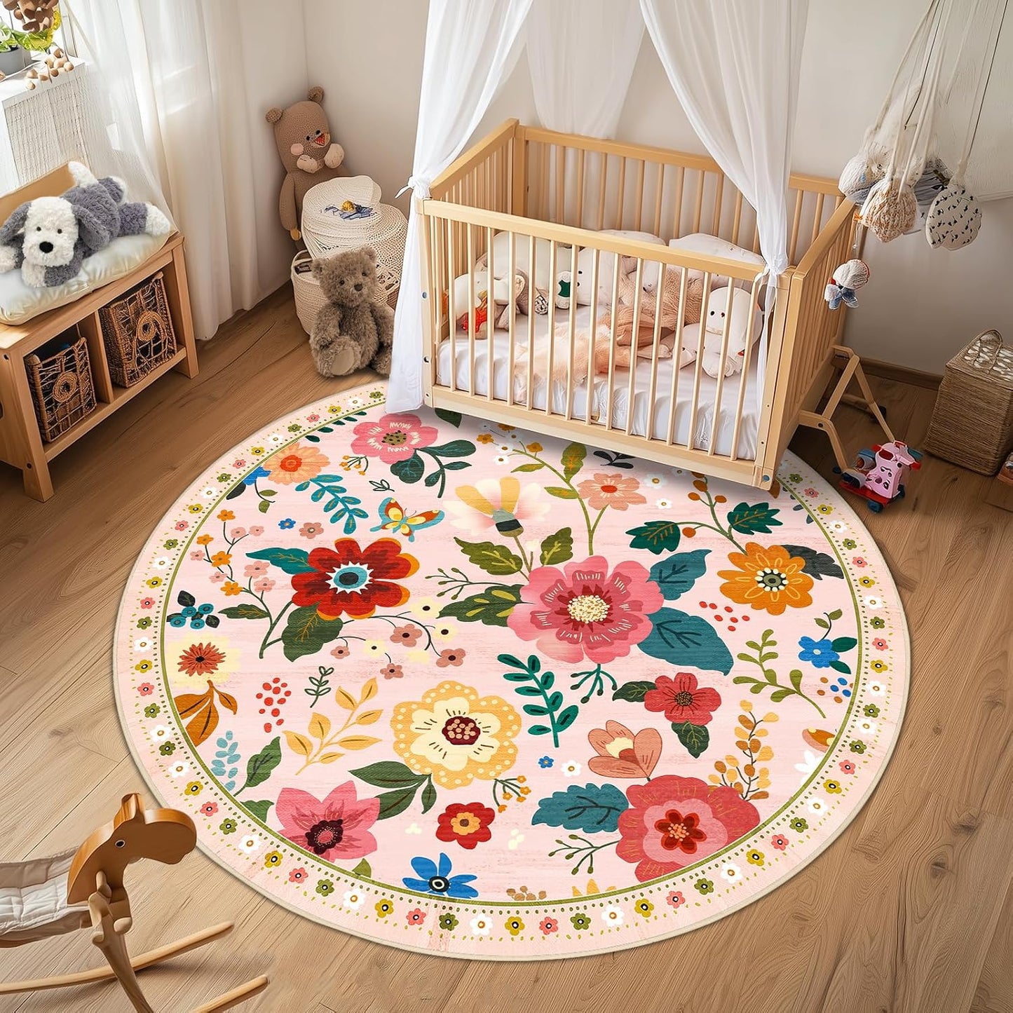 Floral 6ft Area Rug Machine Washable Soft Print Boho Carpet Non Slip Doormat Low Pile Flower Area Rugs for Living Room Bedroom Nursery Kitchen Dining Room Indoor-Pink