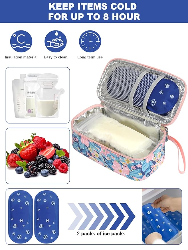 YOUSHARES Breastmilk Cooler Travel Bag with Digital Thermometer, Small Insulated Baby Milk Storage with 2 Ice Packs, Daycare and On-The-Go Moms （Pastel Flowers）