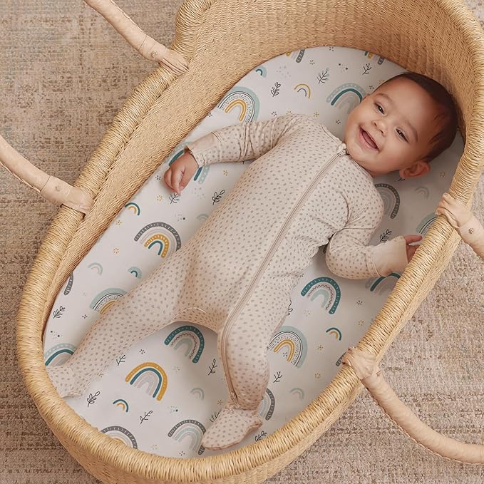 Stretch Fitted Bassinet Sheet Set BROLEX 2 Pack Cradle Sheets for Bassinet Pad/Mattress,Unisex Boys Girls,Ultra Soft,Rainbow Stars