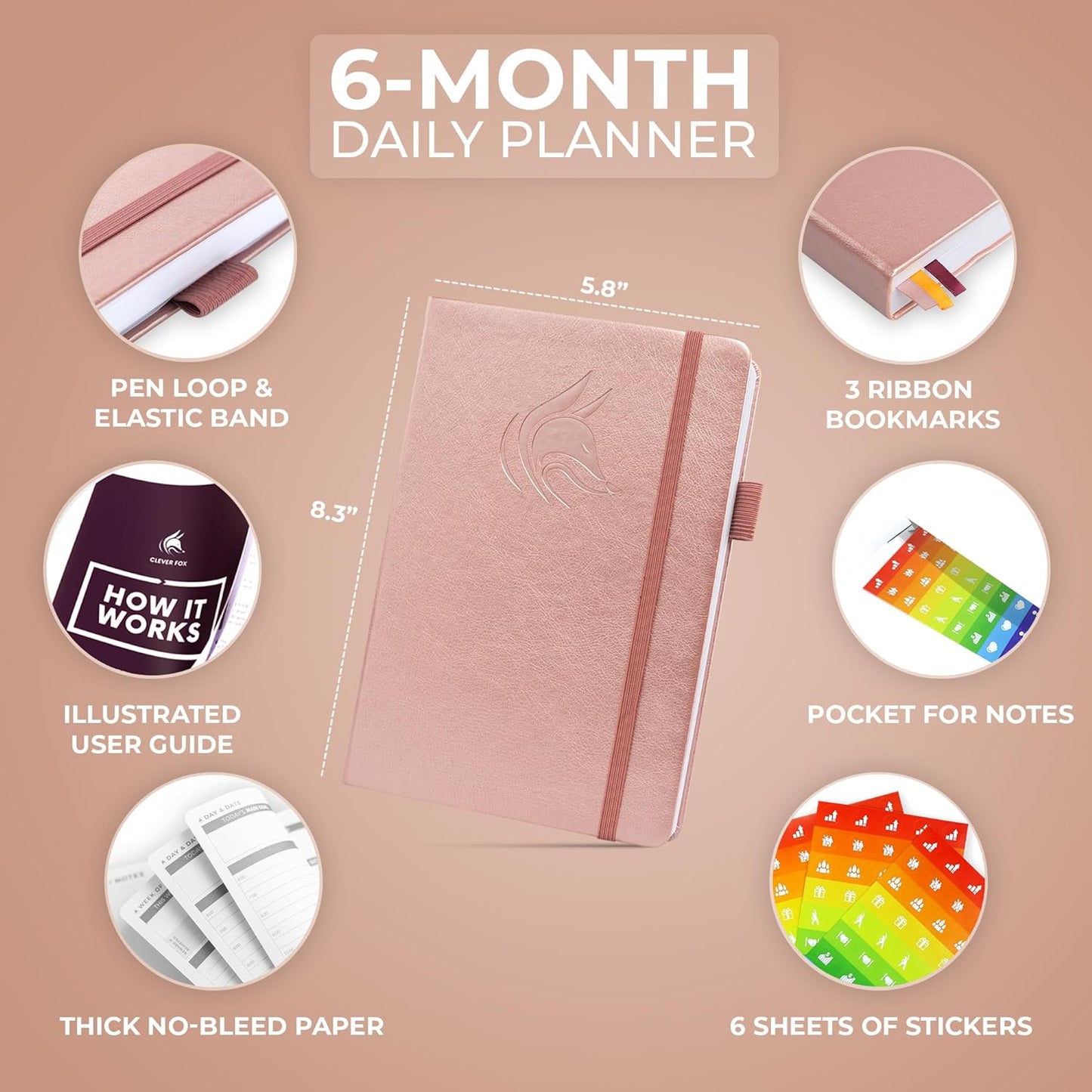 Clever Fox Daily Planner – Undated Planning Notebook with Hourly Schedule & To-Do List – Personal Day Task & Work Organizer, 6 Months (Rose Gold)