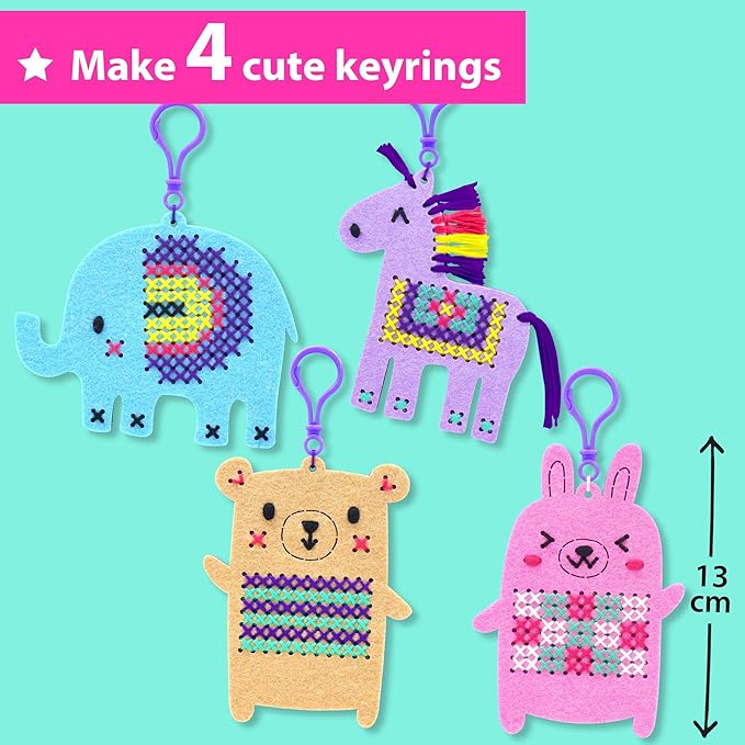 KRAFUN Cross Stitch Kits for Kids Beginners, 4 Cross Stitching Keyrings Arts & Crafts with Animals, Unicorn, Needlepoint Embroidery Kit for Girls 5-13 Craft Kit Backpack Charms, Ornaments