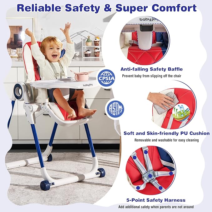 BABY JOY High Chair for Babies & Toddlers, Foldable Highchair with Adjustable Backrest/Footrest/Seat Height, Double Removable Trays, Detachable Seat Cushion, 4 Lockable Wheels (Colorful)