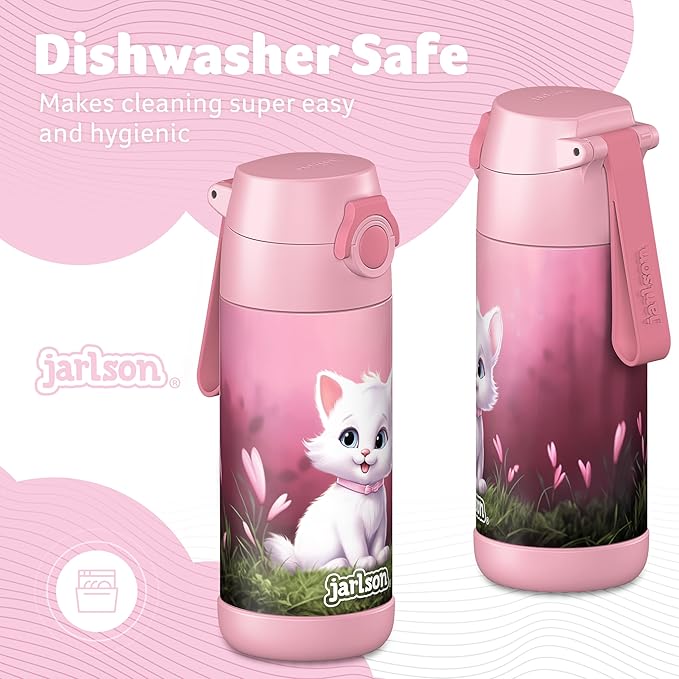 Jarlson® Mali Children's Water Bottle, Thermal Stainless Steel Water Bottle, BPA-Free, Leak-Proof, Children's Bottle with Chug Lid, Bottle for School, Nursery (Cat 2.0, 12 oz)