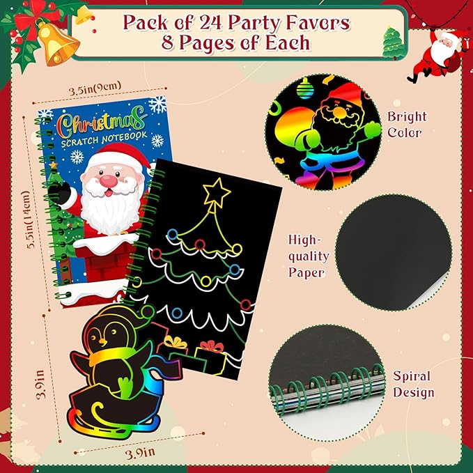 12 Pack Christmas Scratch Art Party Favors for Kids - Rainbow Scratch Paper with Christmas Scratch Off Cards Easter Birthday Goodie Bags Stuffers - Winter Holiday Gifts DIY Classroom Prizes
