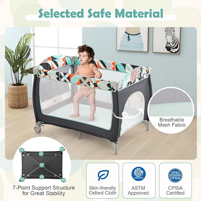 HONEY JOY Pack and Play, 4 in 1 Portable Baby Crib Playpen w/Bassinet, Changing Table, Storage Bag, Hanging Toys, Mattress, Foldable Pack and Play Nursery Center for Infant Boys Girls (Blue)