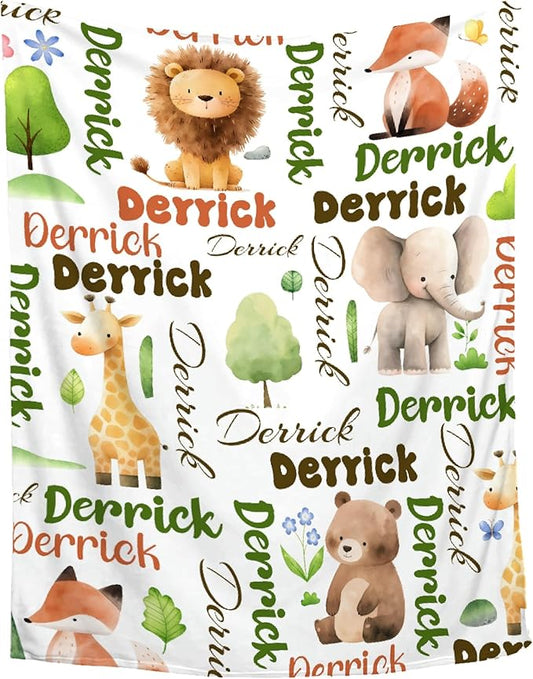 Personalized Baby Blanket for Girls Boys Kids Elephant Lion Bear Custom Baby Blanket with Name Throw Birthday Gift for Toddlers Infants Shower Newborns Nursery Stroller Crib Bed Decor