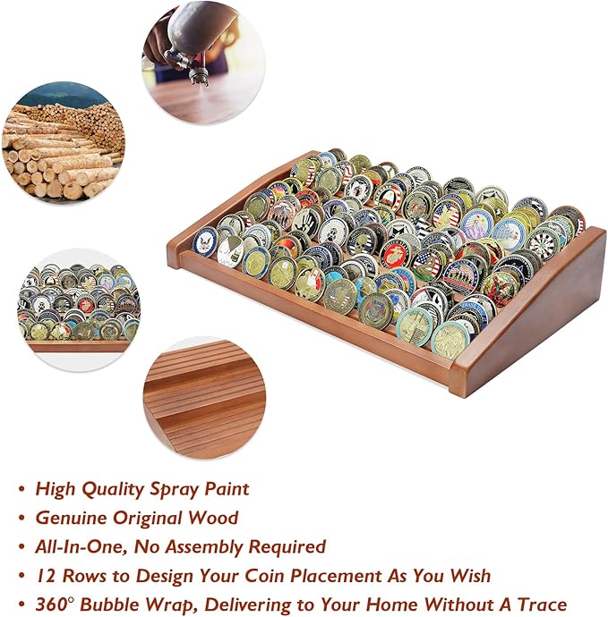 12 Rows Solid Wood Military Challenge Coin Display Stand Holds 90-100 Coins Army Coin Holder Display Police Coin Rack for Countertop, Walnut