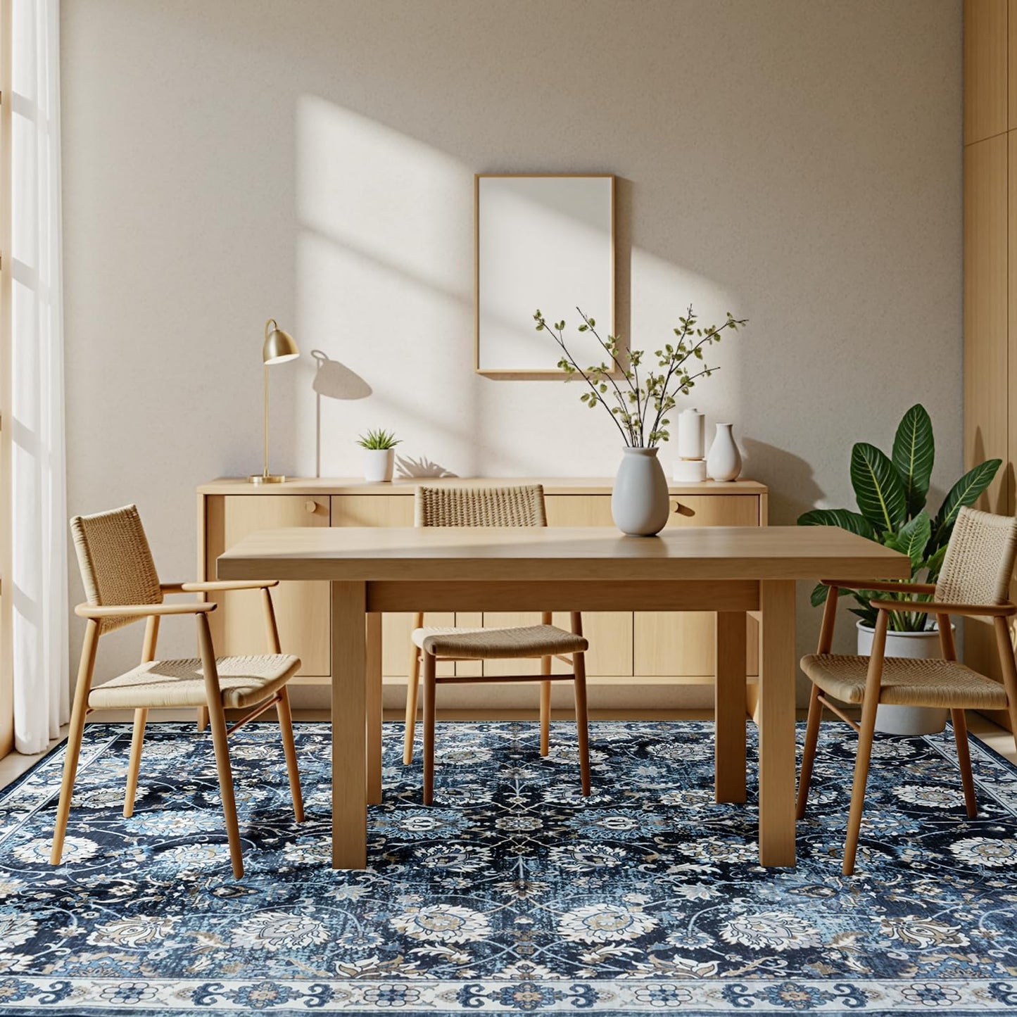 Blue 9x12 Area Rugs for Living Room, Washable Large Rug, Vintage Floral Soft Carpet, Non Slip & Low Pile, Wool Carpets for Indoor Bedroom Dining Home Playroom Office Under Table, Blue Garden