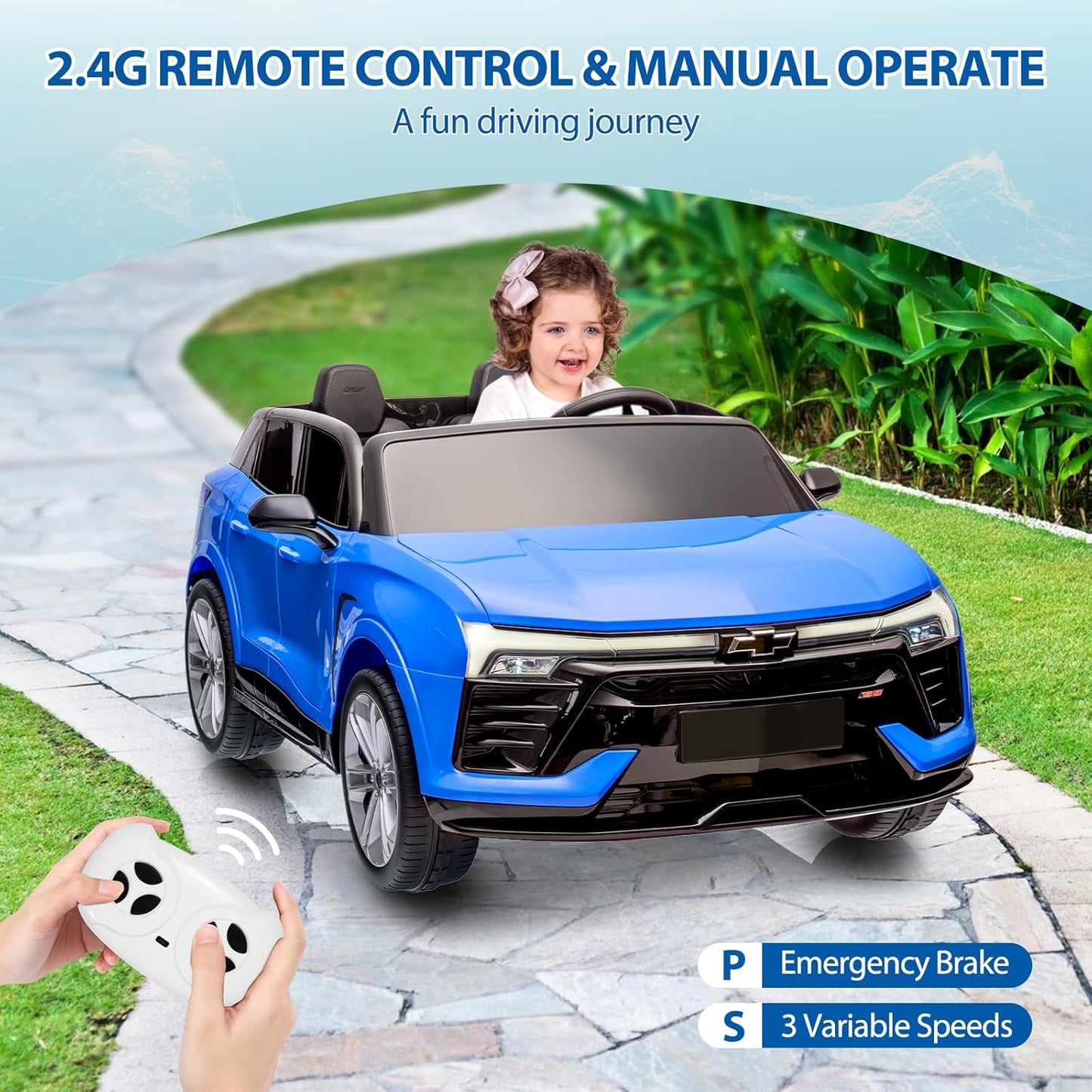 Hetoy 24V 2-Seater SUV Licensed Chevrolet Blazer Ride On Car Toy w/Parent Remote Control, 3 Speeds, Wireless Music, MP3 Player, Electric Car for Kids Ages 3-8, Blue