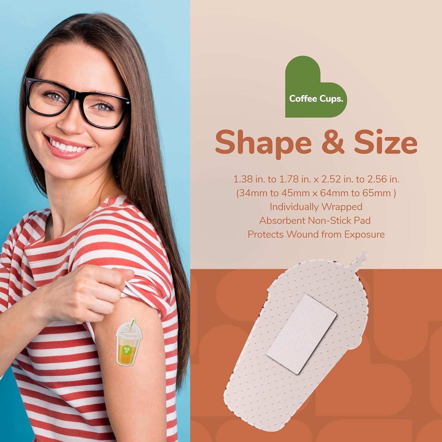 BioSwiss Bandages, Coffee Cup Shaped Self Adhesive Bandage, Latex Free Sterile Wound Care, Fun First Aid Kit Supplies for Kids, 50 Count