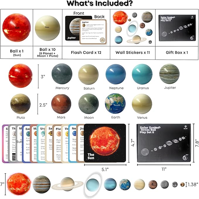 Space Balls Flashcards & Wall Stickers, Planet Toys For Kid 8-10, Outer Space Toys For Kids 3-5, Planets for Kids Solar System Toy 5-7, Solar System Model, Toddler Planet Gifts, Astronomy Decor, Earth