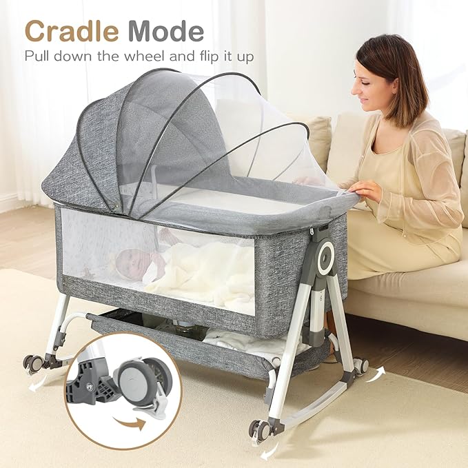 Baby Bassinet, Bedside Bassinet for Baby, 4 in 1 Bassinet Bedside Sleeper with Locked Wheels, Mosquito Net, Adjustable Easy Folding Portable Crib for Infant Newborn, Grey