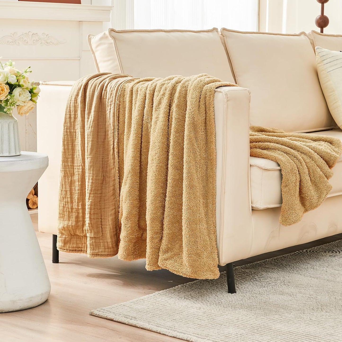 EMME Muslin and Fleece Throw Blanket Reversible - 50"*60" Beige Soft Warm Throw Blankets for Couch Bed Picnic Travel Bed