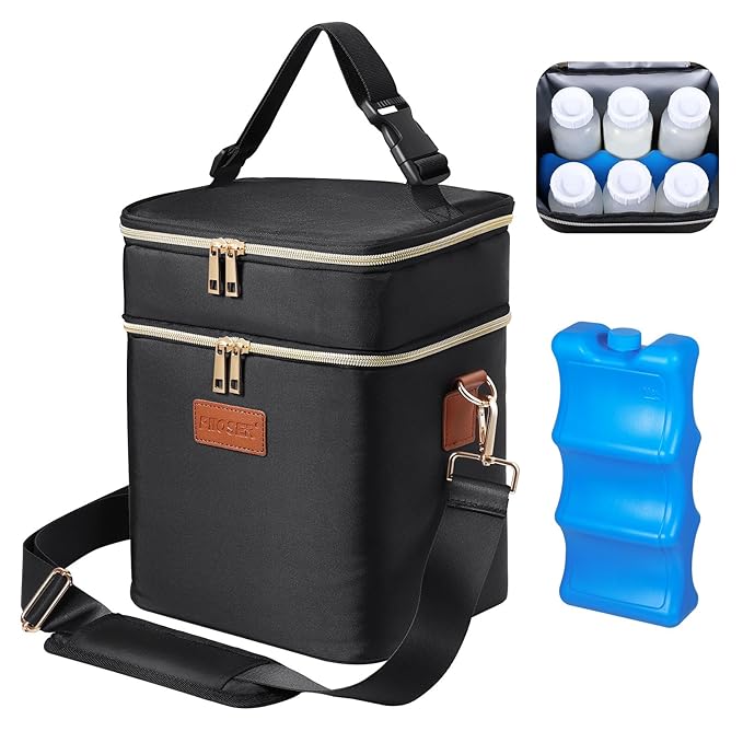 PIIOSER Breastmilk Cooler Bag with Ice Pack Fits 6 Baby Bottles Up to 9 Ounce, Insulated Baby Bottle Tote Bags, Double Layer Waterproof Leak-Proof with Shoulder Strap for Nursing &Working Mom