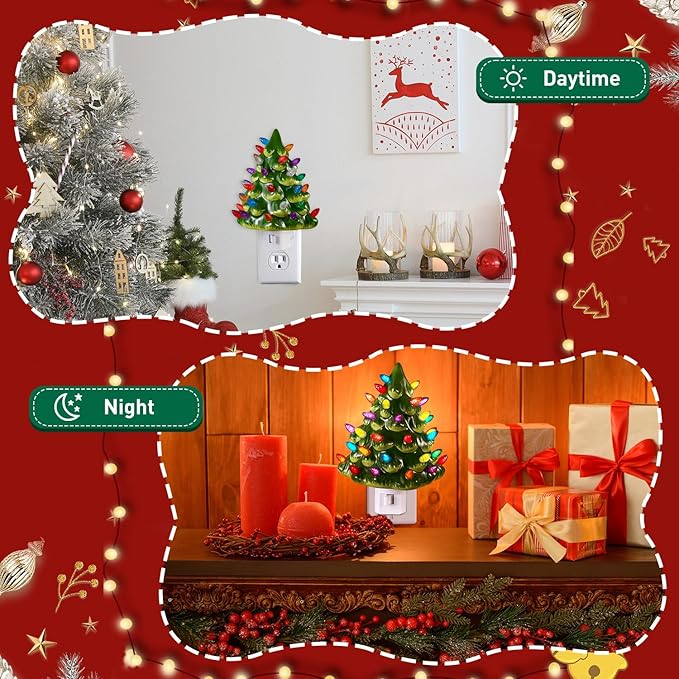 Tfro & Cile Ceramic Christmas Tree Night Light 2 Pack Xmas Decorative Tree Lamp Small Vintage Light Up Bathroom Decor with On/Off Switch for Home Bedroom