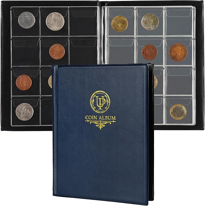 120 Pockets Coin Album - Coin Collecting Book with 10 Pages, 45x43 mm Grid Holder for Pounds Pence Cents Dollars Nickel (Blue) CS48120BL