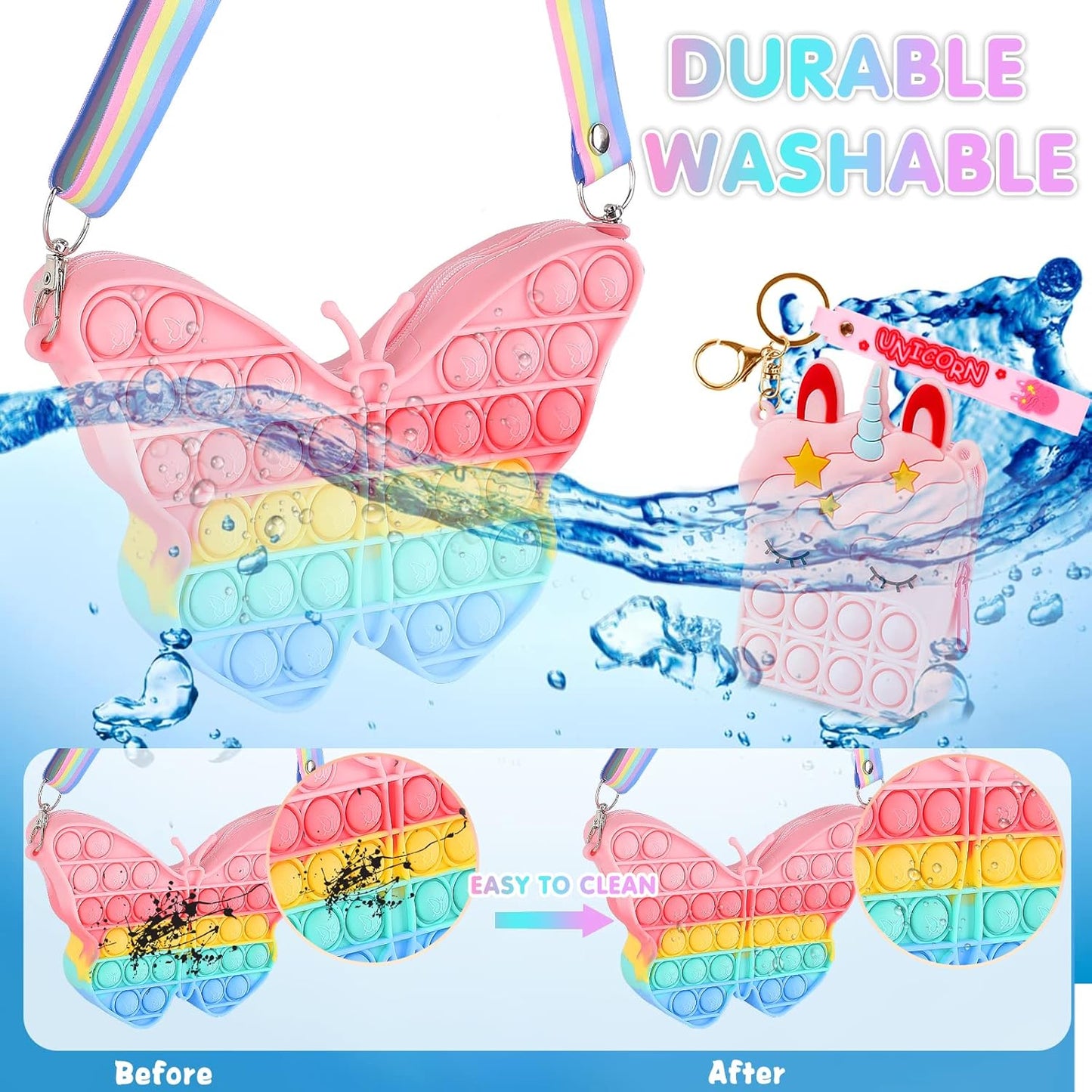 Aucma 2 Pack Purse for Girls Toys Wallet Pink Unicorn Butterfly Crossbody Handbag Messenger Cute Bag Kid Birthday Valentines Gift