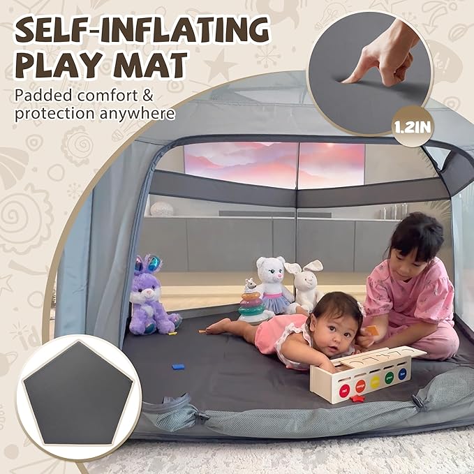 Portable Baby Playpen with Inflatable Mattress & Sunshade,Outdoor Baby Playpen for Babies and Toddlers,Foldable Pop Up Play Tent for Home, Park, Beach and Camping,Beach playpen-Light Gray