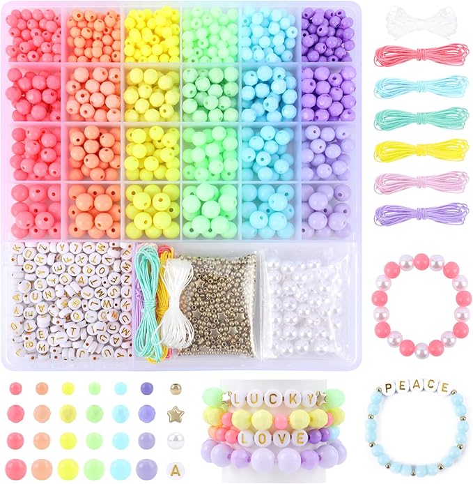 Candy Color Acrylic Beads Kit Pastel Round Beads Assorted Plastic Bead Kit Letter Pearl Colorful Elastic String CCB Cute Loose Spacer Bulk for Bracelets Necklace Jewelry Making DIY Crafts