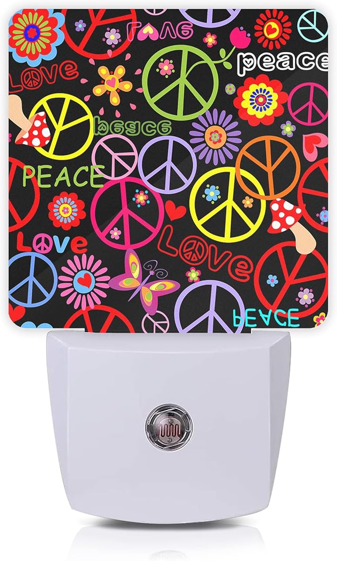 Hippie Peace Flowers Night Light,Hippies Plug-in Night Lights with Dusk-to-Dawn Sensor for Bedroom, Bathroom and Living Room 0.5W Sleep Friendly lamp for for Girlfriend/Boyfriend Gift