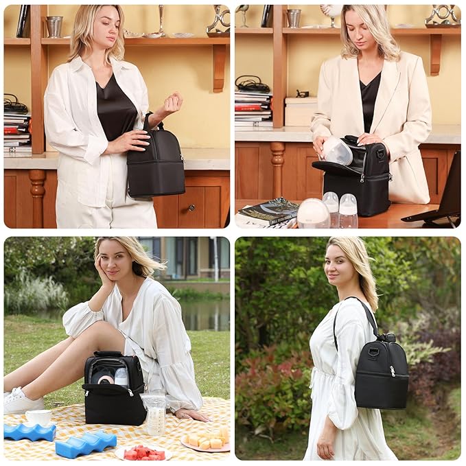 NCVI Breastmilk Cooler Bag with 2 Ice Pack, Breast Pump Bag with Cooler Fits 6 Bottles, Double Layer Breast Milk Travel Bag Baby Bottle, for Travel, Nursing Mom Daycare, Work, Picnic (Black)