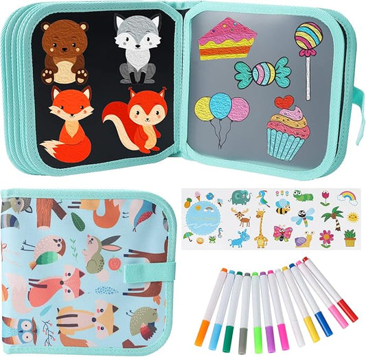 Erasable Doodle Set for Kids - Reusable Magic Drawing Book with 12 Watercolor Pens 14 Page Drawing, Road Trip Car Game Writing Painting Set for Boys and Girls (Foxes)