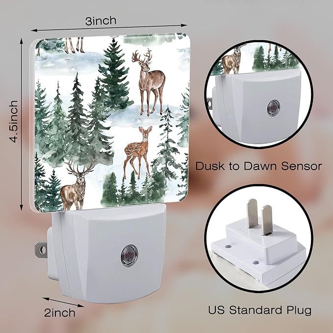 Winter Deer and Snowy Forest Night Light for Kids,Christmas Pine Trees Deer Night Light Plug in with Dusk to Dawn Sensor,0.5w Energy Saving Nightlight for Hallway Stairway Kitchen Bedroom