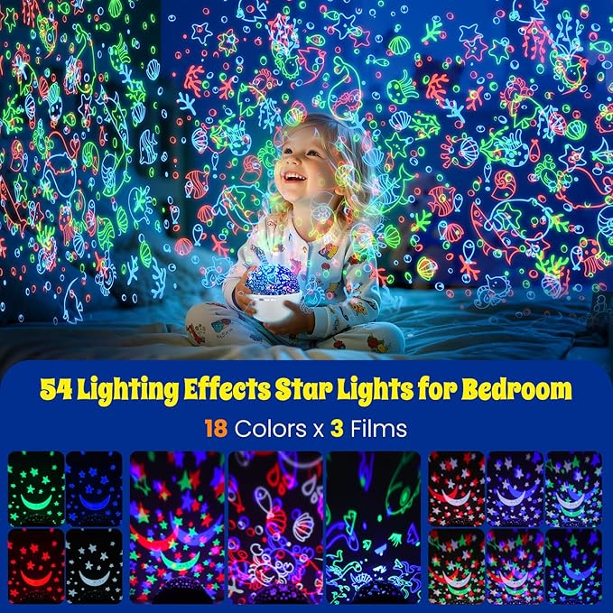 Night Light Projector, Night Light for Kids, Star Projector, 54 Light Color 360 Degree Rotation Kids Night light, Rechargeable Lamp for Bedroom, Light Projector Birthday Christmas Gifts for Boys Girls