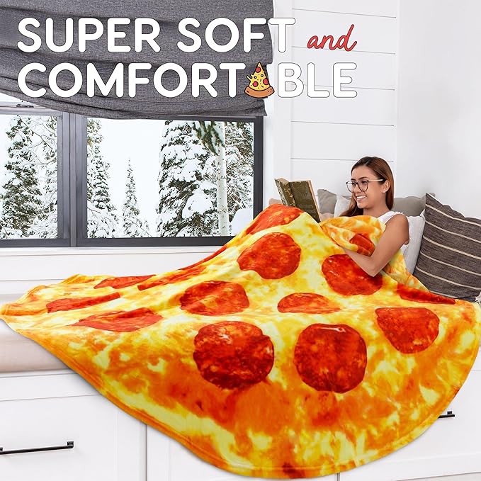 Zulay Giant Double Sided Pepperoni Pizza with Pizza Box Gift Packaging - Novelty Blanket for Adults & Kids - Soft Flannel Round Pepperoni Blanket for Indoors, Outdoors, Travel, Home - 60 Inches