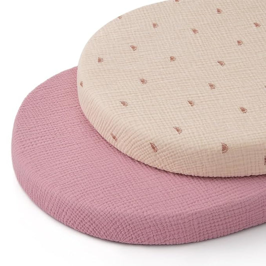 Blissful Diary Muslin Bassinet Sheets for Baby Girls Boys, Boho Soft Cotton Fitted for Oval Hourglass Rectangle Mattress, 2 Pack(Sunshine&Blush Pink)