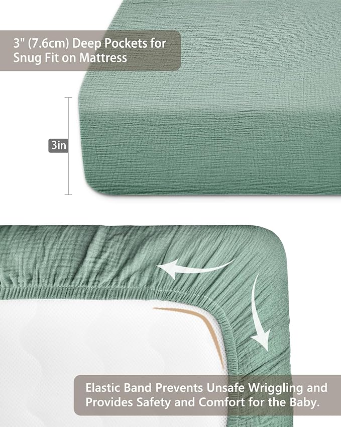 Pack and Play Sheets for Baby Boys and Girls 39"x27"x3", Neutral Muslin Cotton Pack N Play Mattresses Sheet with Boho Style, Soft and Breathable Comfort (Roman Green)