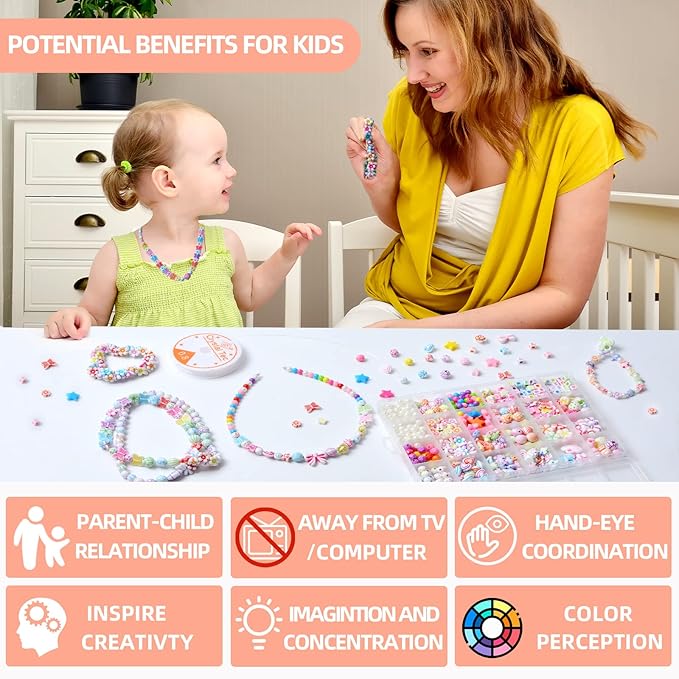 Kids DIY Bead Jewelry Making Kit, Beads for Girls Toys Bead Art and Craft Kits DIY Bracelets Necklace Hairband and Rings Toy for Age 4 5 6 7 8 9 10 11 Year Old Girl Gifts