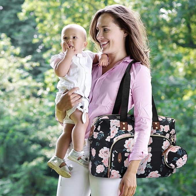 Diaper Bag Tote, Baby Bag Travel Diaper Tote Bag with Pacifier Case, Cute Maternity Hospital Baby Stylish Diaper Tote for Mom Dad Medium Size, Black Pink Floral